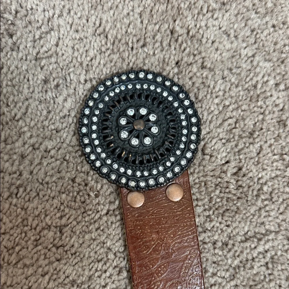Fossil Brown Leather Belt with Circular Faux Diamond Buckle Size Medium